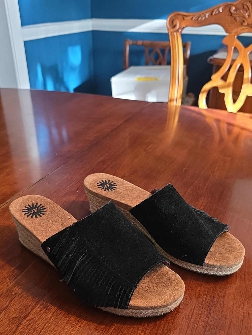 UGG Black Suede Wedge Fringe Slide Mules